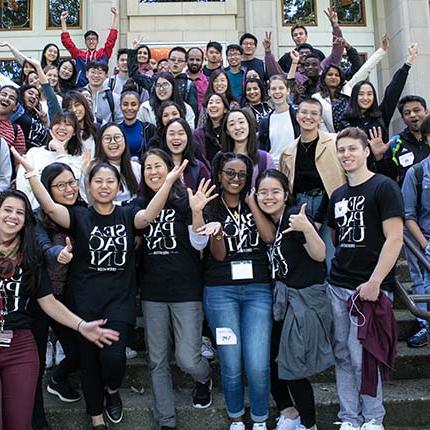 International students take a group photo during orientation